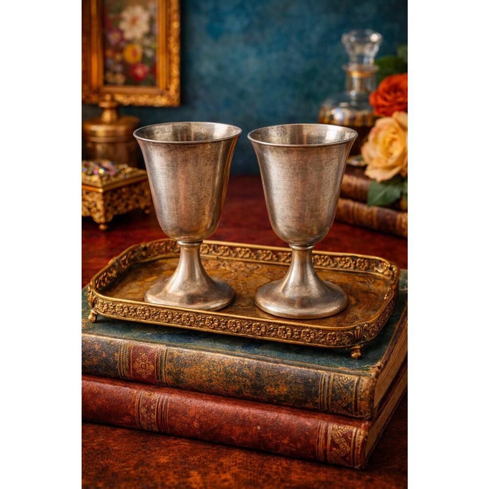 Vintage International Pewter Goblets Pair Mid Century Chalice Cups